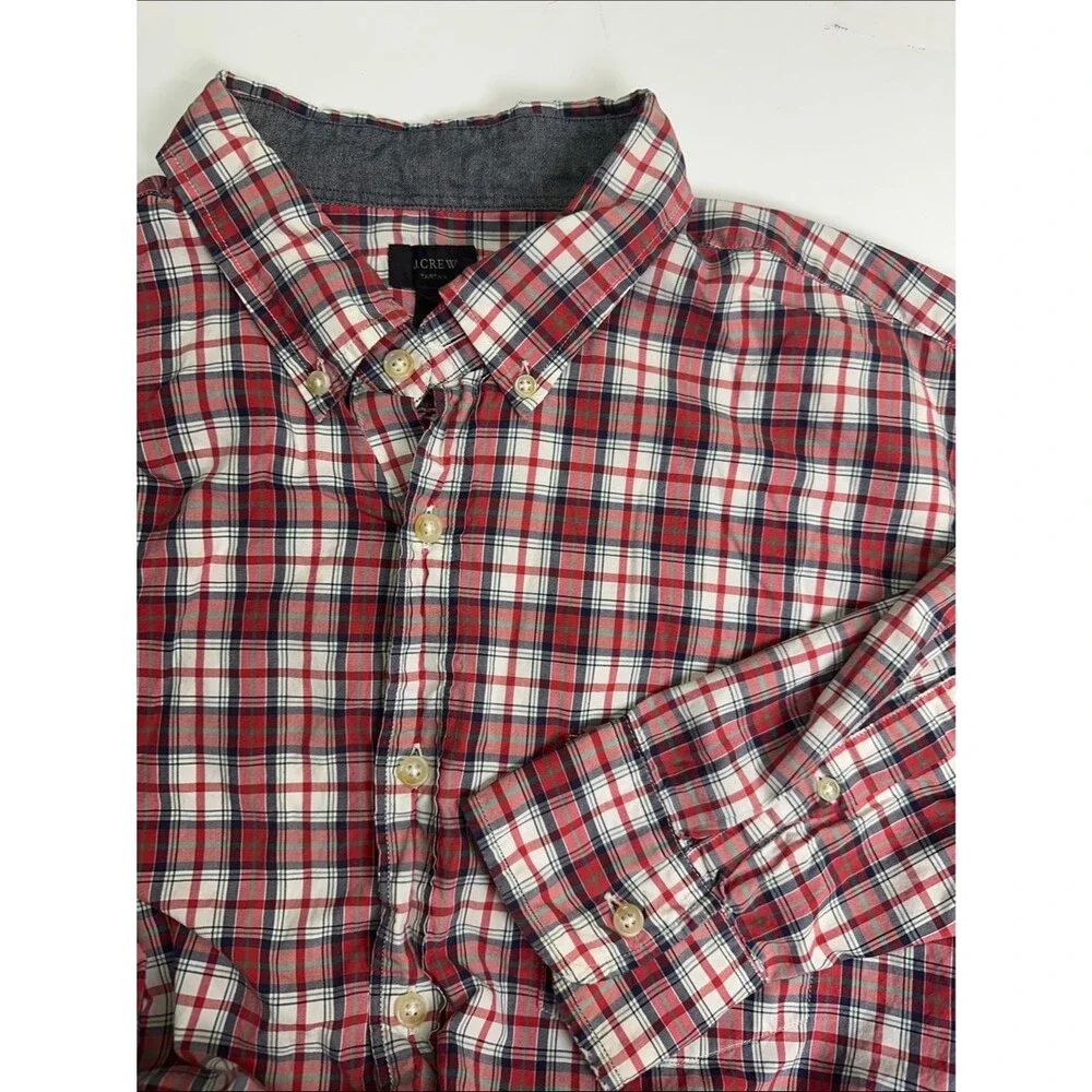 J. Crew Tartan Plaid Button Up Shirt, Men's XL Red White & Blue Cotton Casual